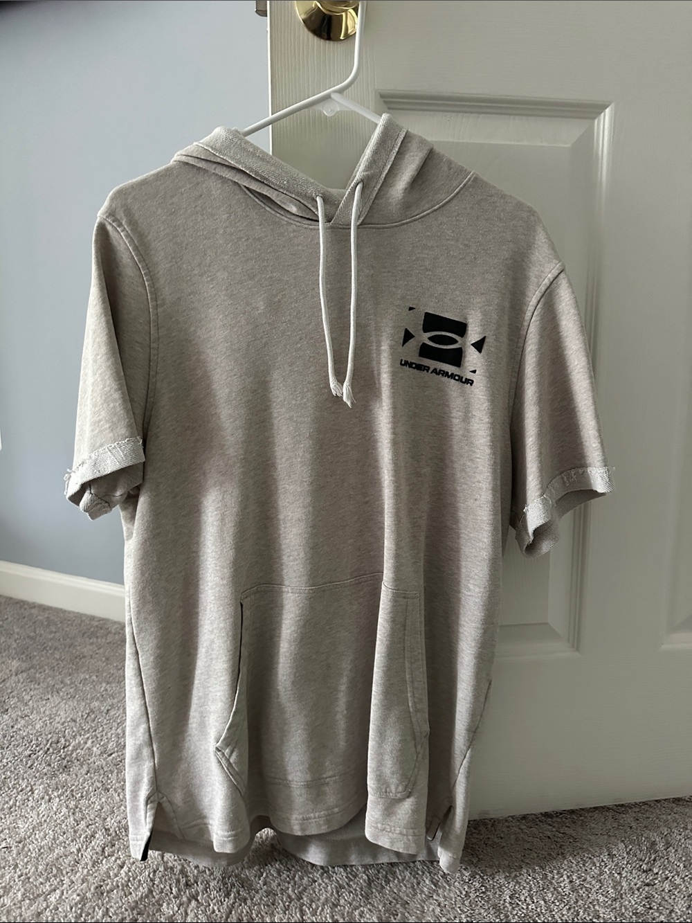 Under Armour Short Sleeve Hoodie in Tan/Beige with Black Logo